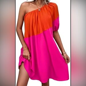 Vibrant Pink and Orange One-Shoulder Dress
